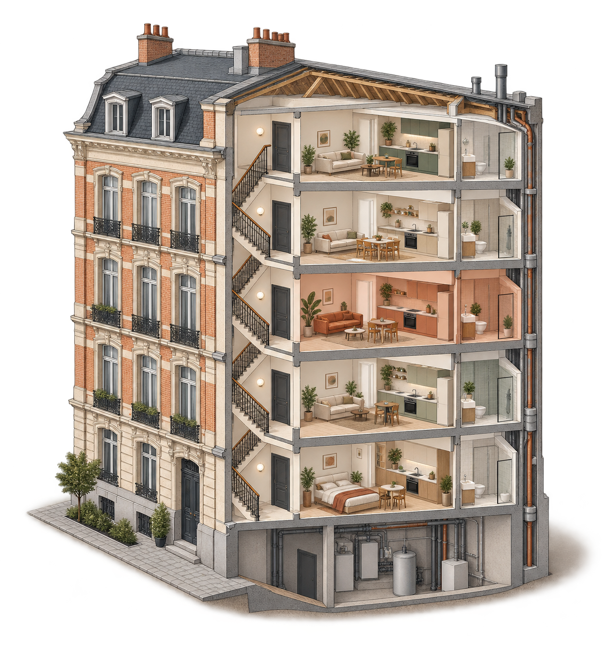Illustration d’un immeuble bruxellois : logements distincts, studio, escalier commun et installations partagées.
