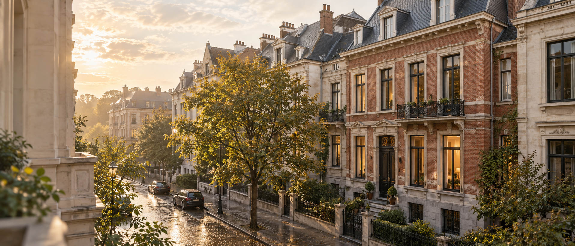 Illustration d’une maison bruxelloise en briques et pierre dans une rue ensoleillée