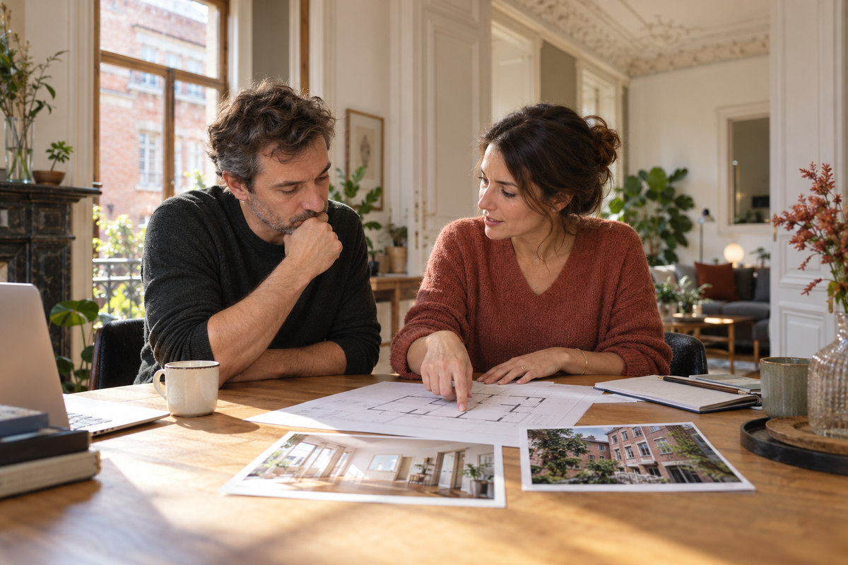 Scène illustrative : une propriétaire et une conseillère discutent de documents ; ce ne sont pas des membres identifiés de Bee-Next