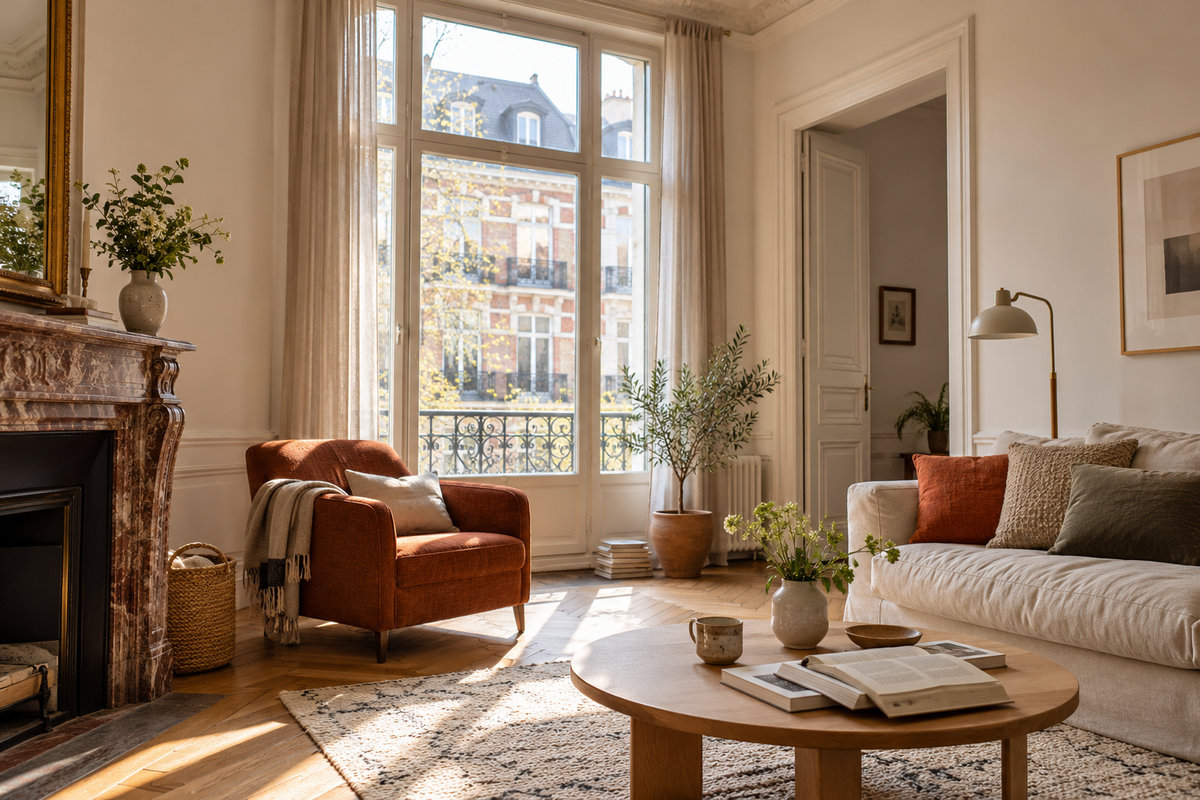 Illustration d’un intérieur bruxellois lumineux, avec parquet et fenêtres anciennes